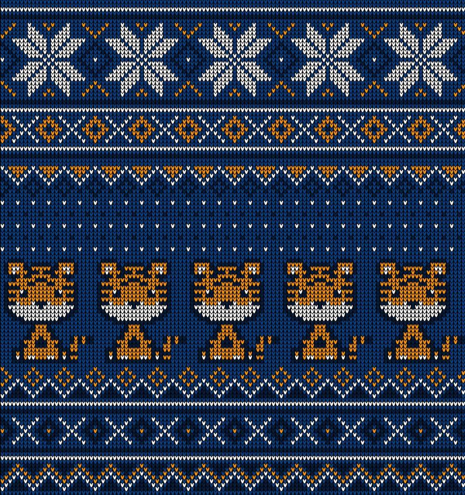 Knitted Christmas and New Year pattern in Tiger. Wool Knitting Sweater Design. Wallpaper wrapping paper textile print. vector