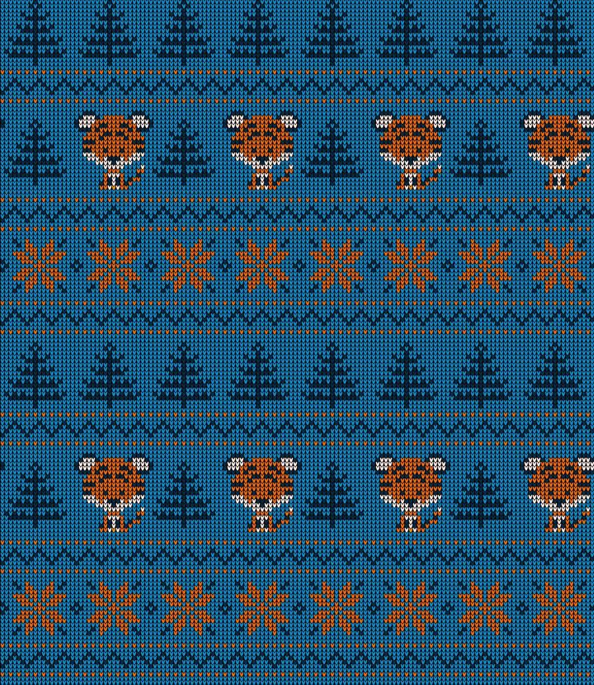 Knitted Christmas and New Year pattern in Tiger. Wool Knitting Sweater Design. Wallpaper wrapping paper textile print. vector