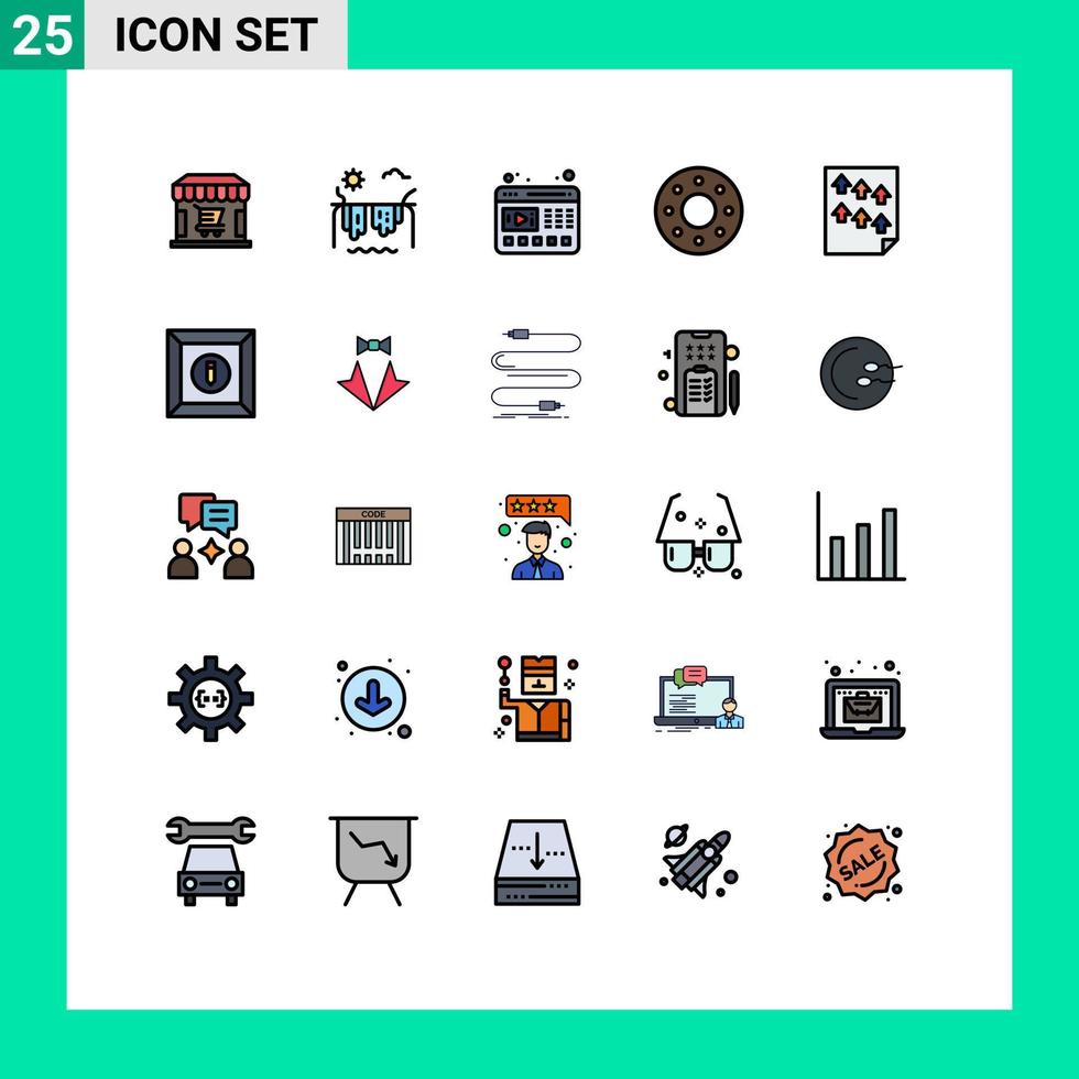 conjunto moderno de 25 colores planos de línea rellena y símbolos, como elementos de diseño vectorial editables de donas de comida del reproductor de datos de página vector