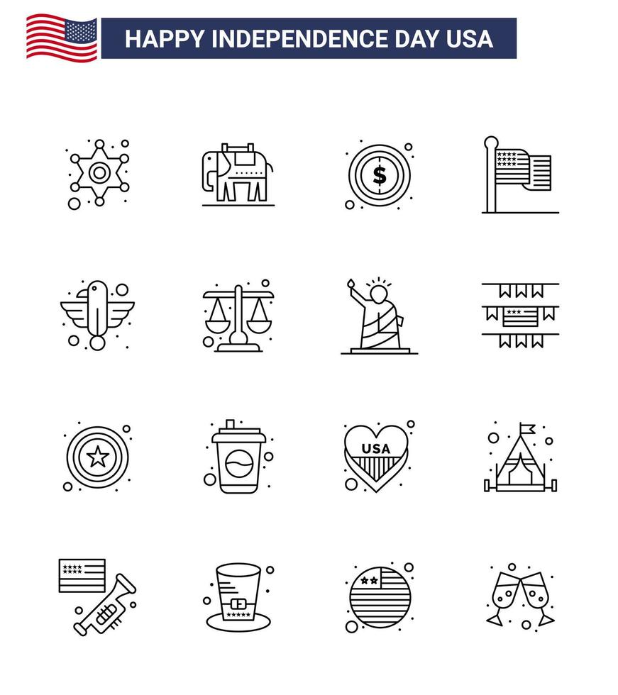 Set of 16 Vector Lines on 4th July USA Independence Day such as bird american money usa flag Editable USA Day Vector Design Elements