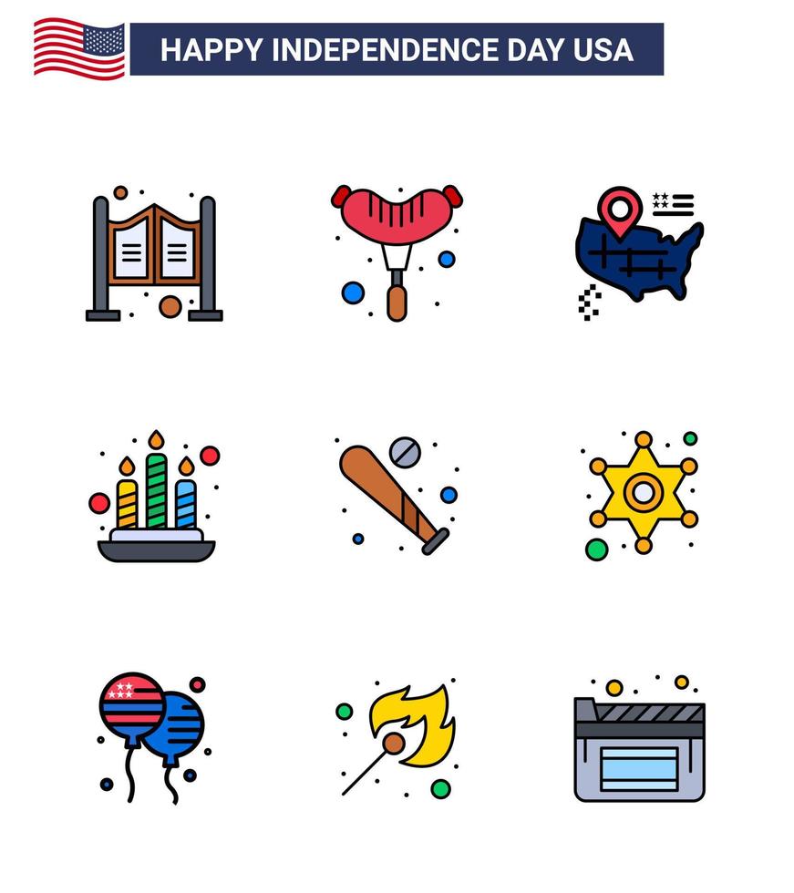 9 USA Flat Filled Line Pack of Independence Day Signs and Symbols of usa bat map baseball light Editable USA Day Vector Design Elements