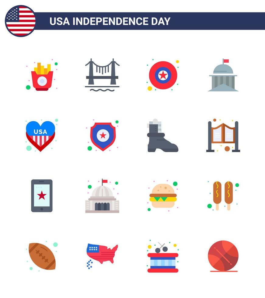 Pack of 16 creative USA Independence Day related Flats of heart irish badge ireland flag Editable USA Day Vector Design Elements