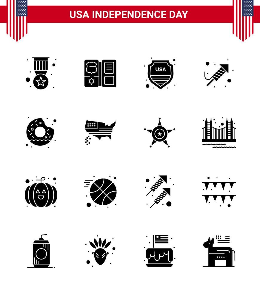 Pack of 16 creative USA Independence Day related Solid Glyphs of round day security festival fire work Editable USA Day Vector Design Elements