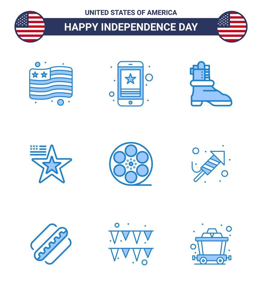 9 USA Blue Signs Independence Day Celebration Symbols of video movis shose usa american Editable USA Day Vector Design Elements