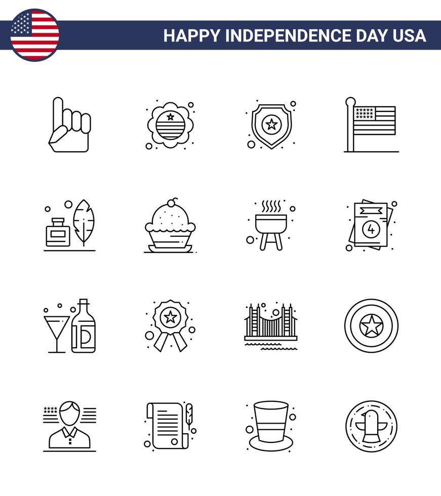 Set of 16 USA Day Icons American Symbols Independence Day Signs for feather usa shield united flag Editable USA Day Vector Design Elements