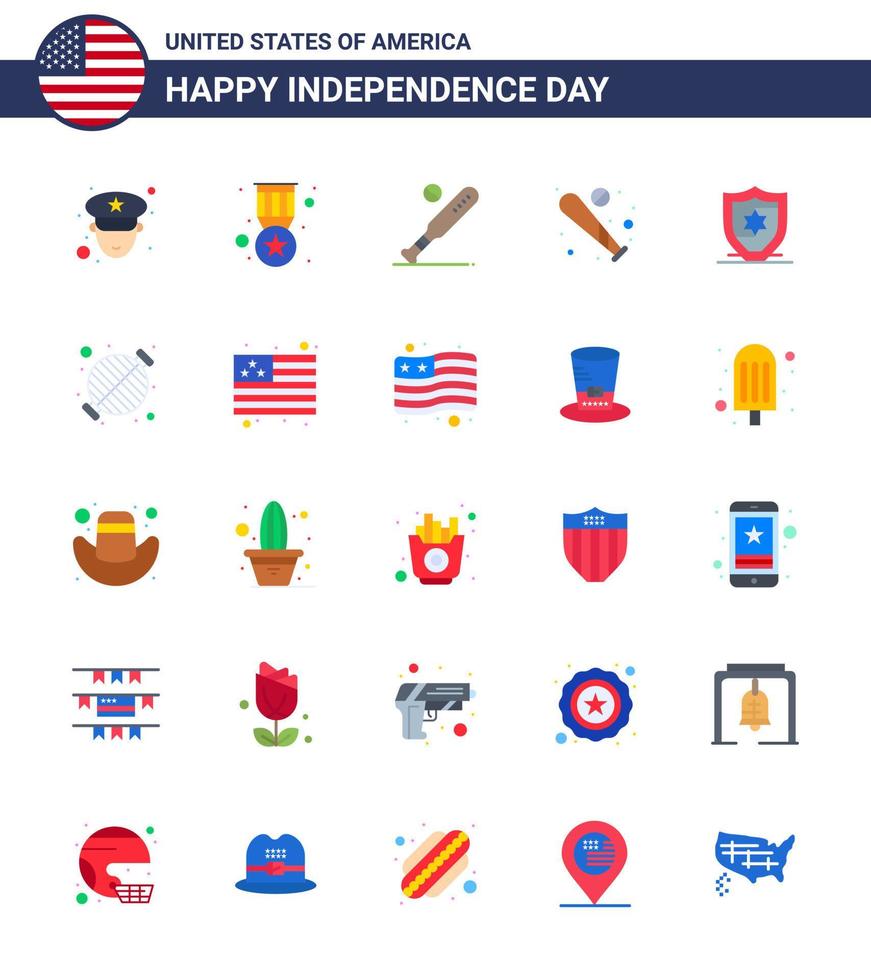 Pack of 25 USA Independence Day Celebration Flats Signs and 4th July Symbols such as bbq food baseball shield american Editable USA Day Vector Design Elements