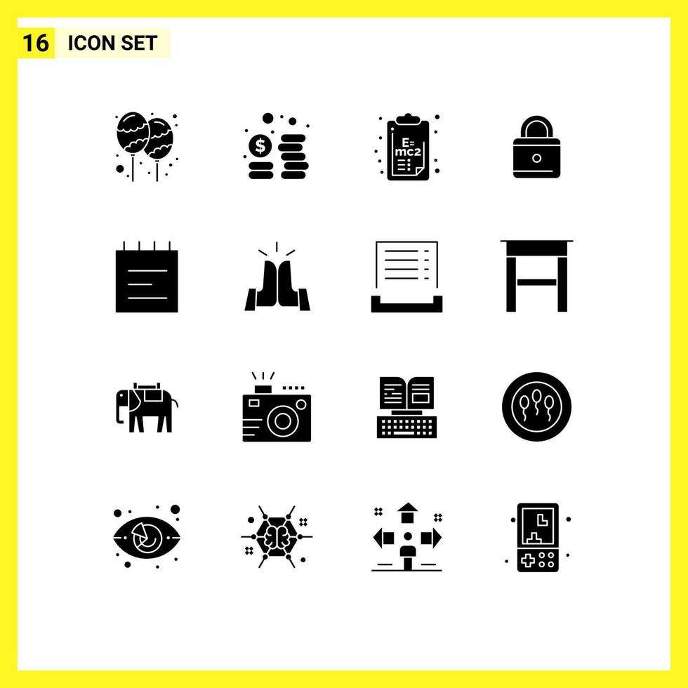 Pack of 16 Modern Solid Glyphs Signs and Symbols for Web Print Media such as school education chemistry security education Editable Vector Design Elements