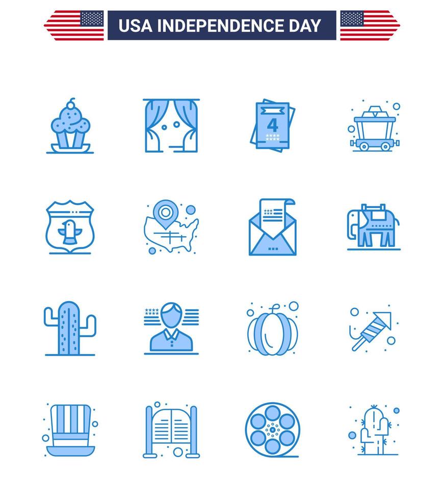 Happy Independence Day 4th July Set of 16 Blues American Pictograph of american sheild usa rail cart Editable USA Day Vector Design Elements