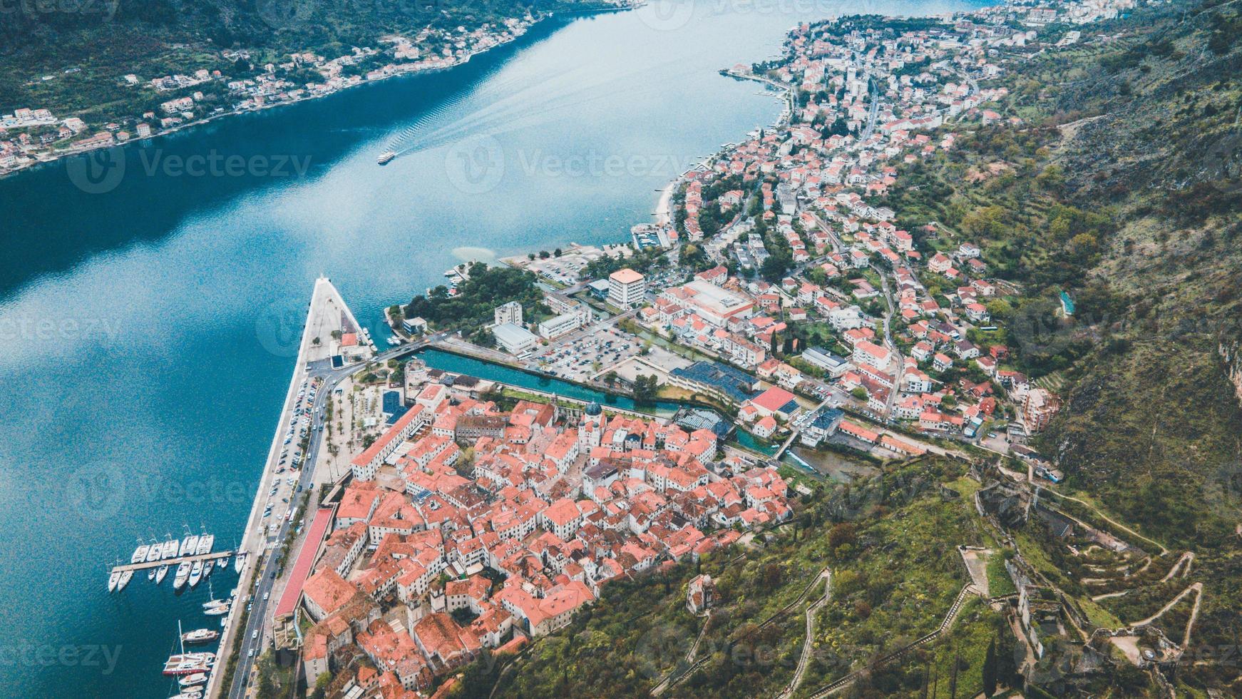 Drone views of Kotor's Old Town in Montenegro photo