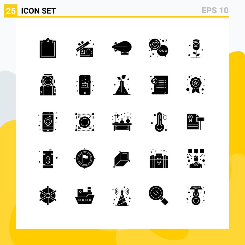 25 Thematic Vector Solid Glyphs and Editable Symbols of astronaut rose zeppelin flower love Editable Vector Design Elements