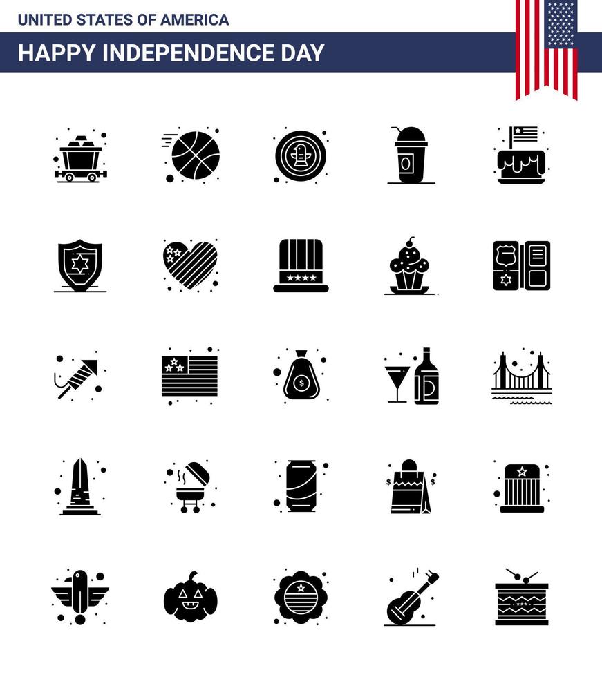 Happy Independence Day 4th July Set of 25 Solid Glyph American Pictograph of independence festival celebration states american Editable USA Day Vector Design Elements