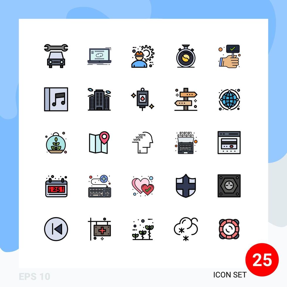 25 Universal Filled line Flat Color Signs Symbols of checked meditation architect concentration gear Editable Vector Design Elements