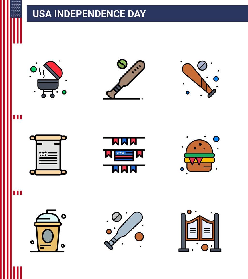 Set of 9 Modern Flat Filled Lines pack on USA Independence Day food burger scroll american buntings Editable USA Day Vector Design Elements