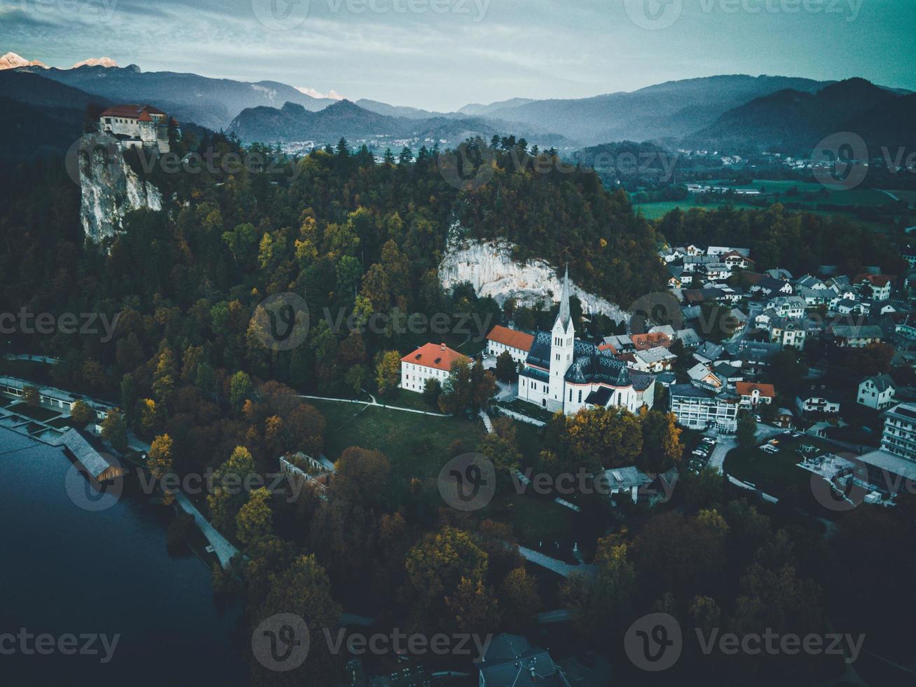 Drone views of the Church of St. Martin in Bled, Slovenia photo