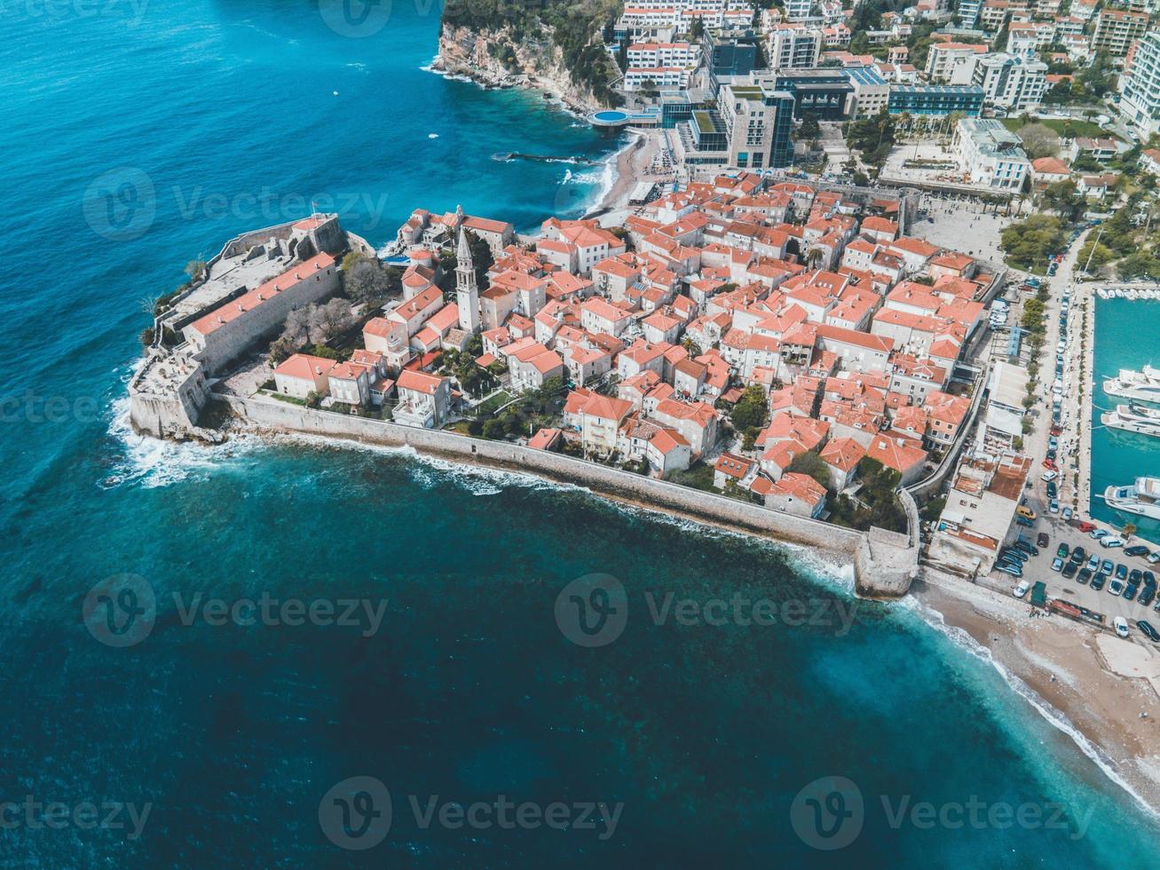 Drone views of Budva's Old Town in Montenegro photo