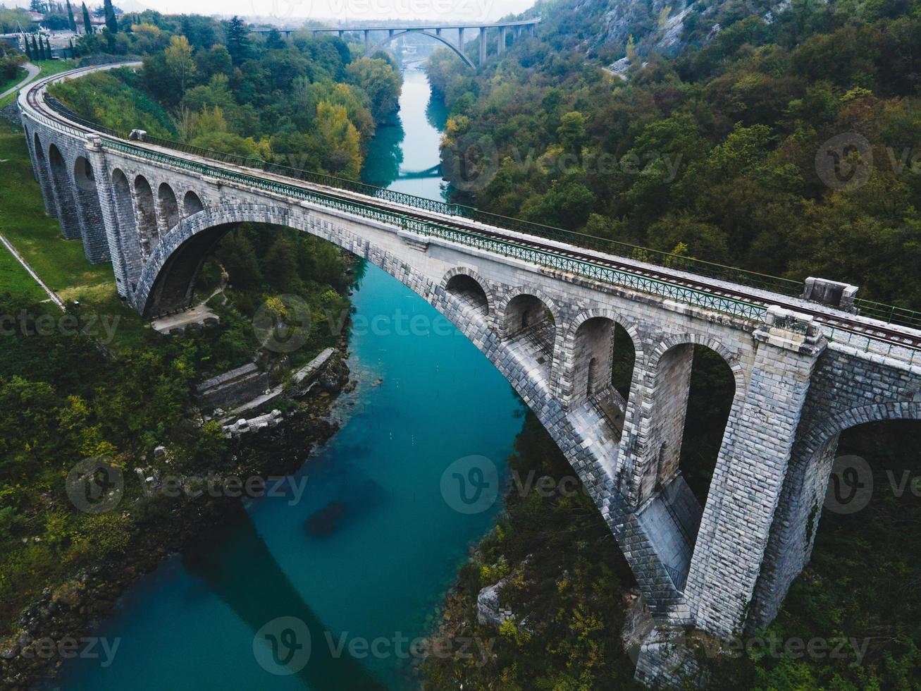 Drone views of Solkan Bridge in Slovenia photo