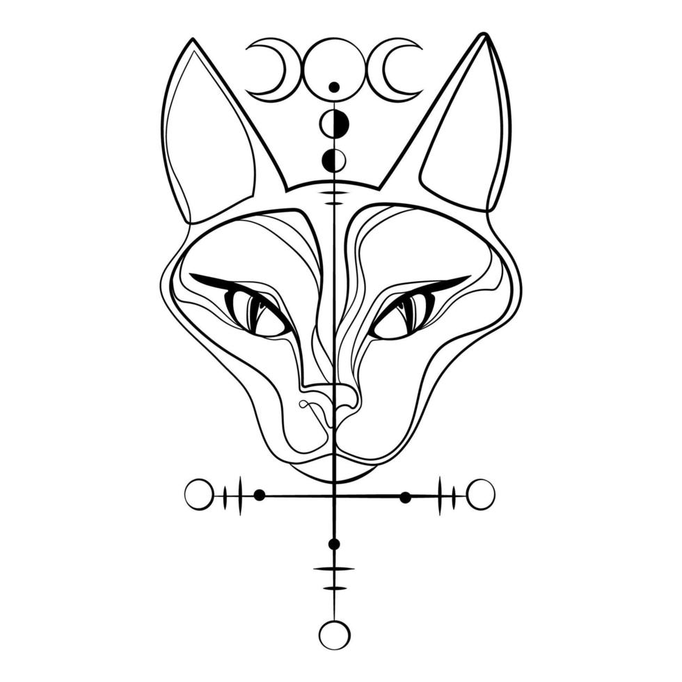 Sphinx cat head with accult symbol triune moon Logo,icon emblem template.Portrait of sphinx cat Line art drawing with mystical symbols.Tattoo idea.Design for t shirts,poster.Vector graphics vector