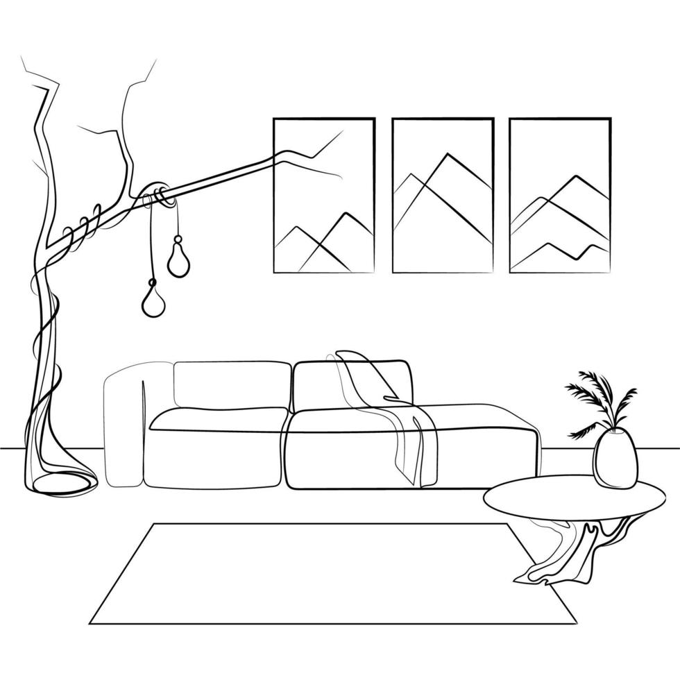 interior moderno de la sala de estar en la ilustración de vector de arte de línea de estilo scandi o japandi. lugar de ocio para relajarse con sofá, lámpara de suelo en forma de árbol, pinturas abstractas, muebles de estilo minimalista