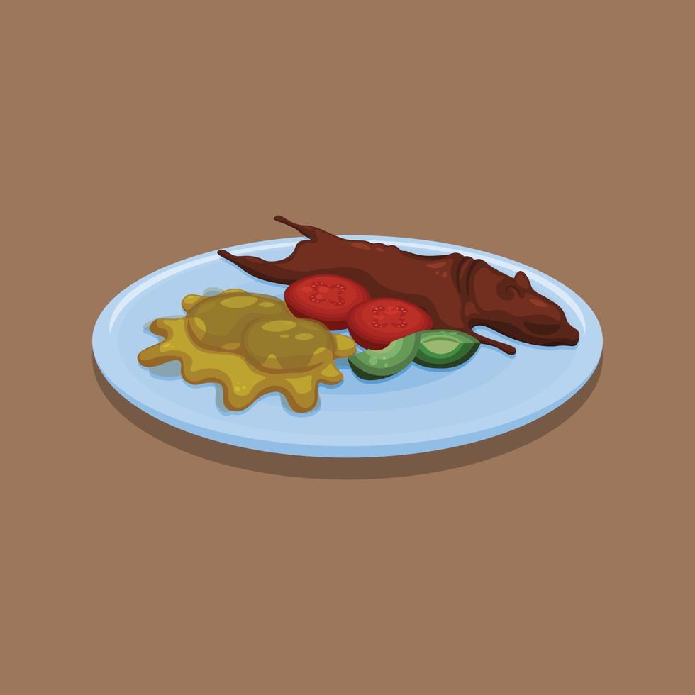 cuy asado comida ecuatoriana. diseño con estilo de dibujos animados. vector