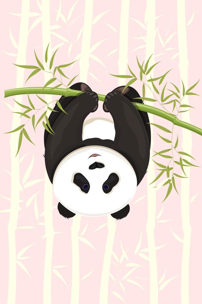 Panda hanging upside down on a bamboo branch with leaves on a background of abstract bamboo branches vector