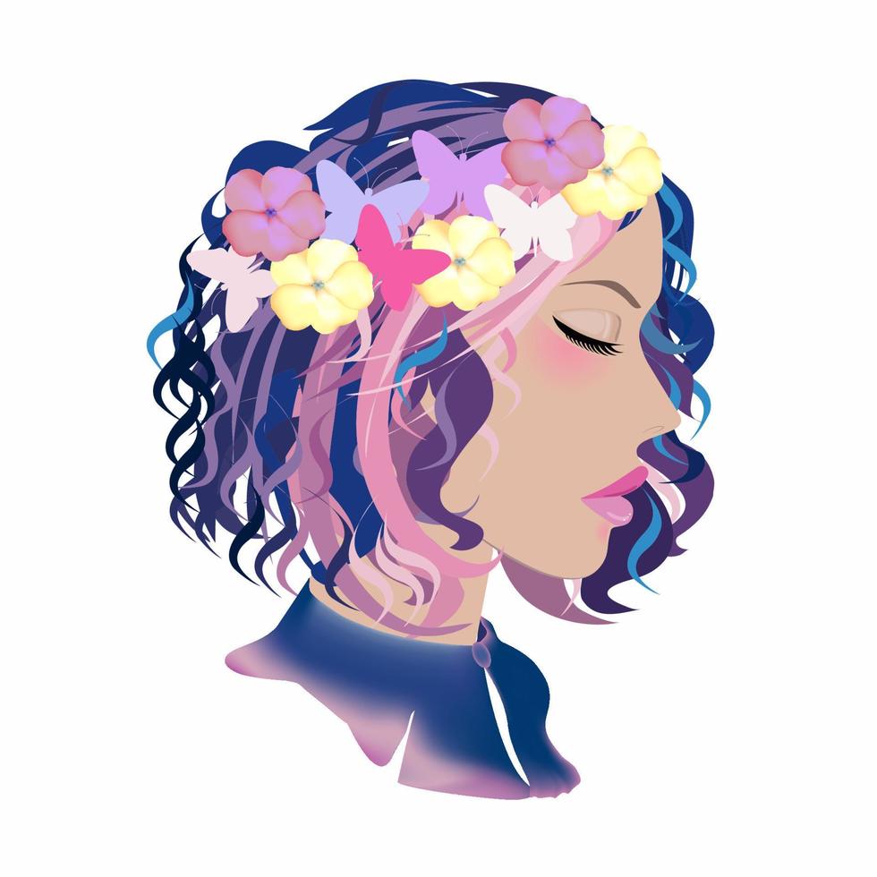 una chica hermosa y fabulosa con cabello brillante, corto y rizado. con una corona de flores en la cabeza vector