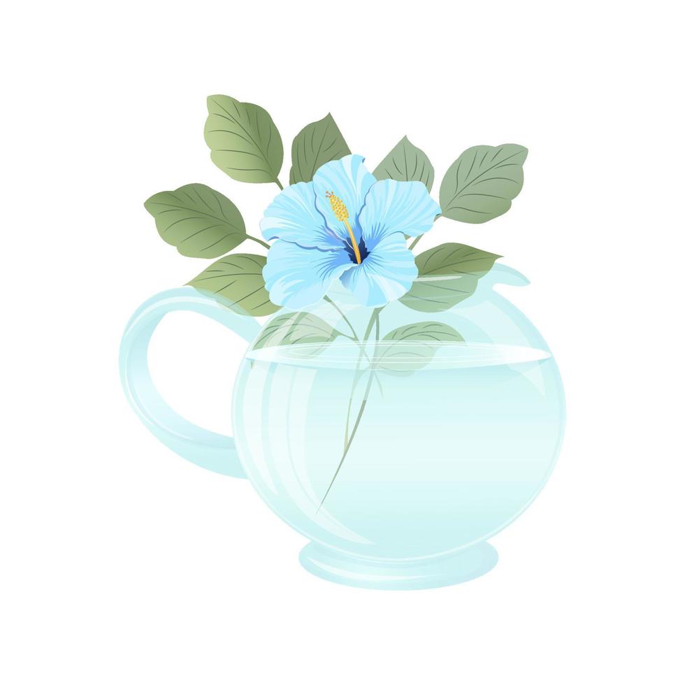 A glass jug with a blue hibiscus flower and leaves vector