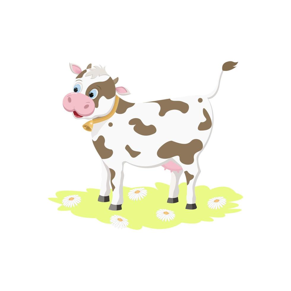 A white young cheerful cow with brown spots and a golden bell on her neck is standing on the grass. Isolated on a white background. Children's illustration vector