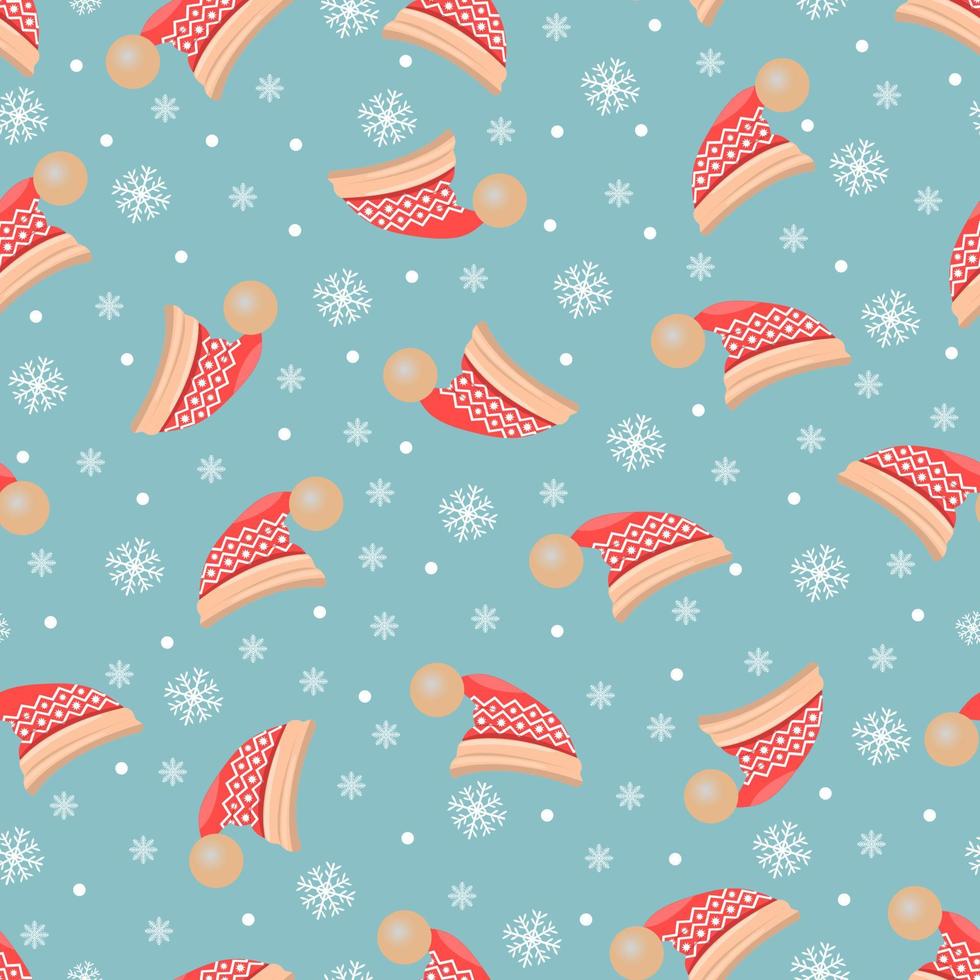 Seamless pattern New Year's red hats with a bubo, a pattern on the hats. Snowflakes on a colored background vector