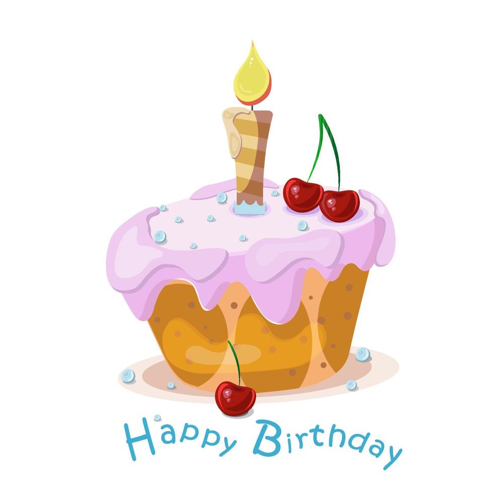 A birthday cake with a candle and an inscription. An isolated image on a white background. Suitable for greeting cards, gift bags, covers vector