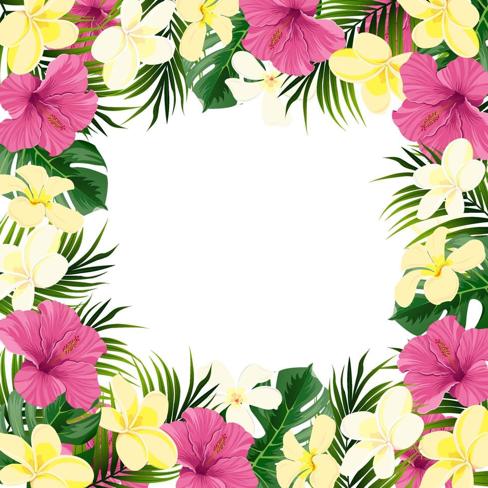 A frame of hibiscus and plumeria flowers with monstera and palm leaves. Beautiful design of cosmetics, wedding invitations and much more vector