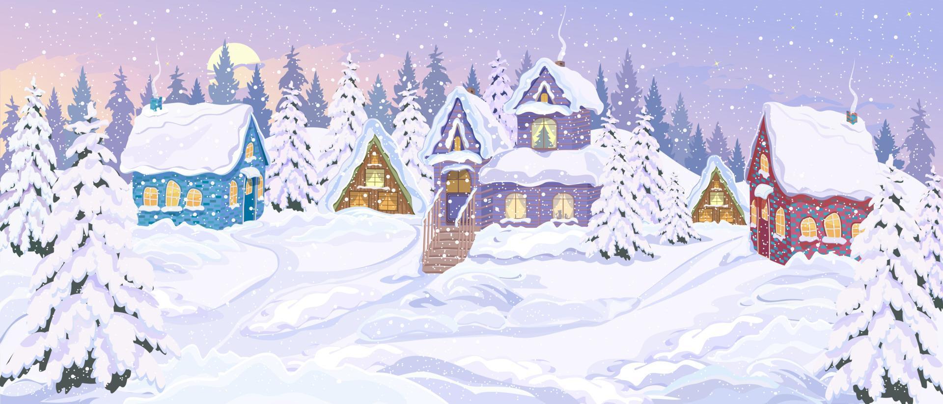 Winter landscape. Cute village houses on snowcovered hills. Fir trees