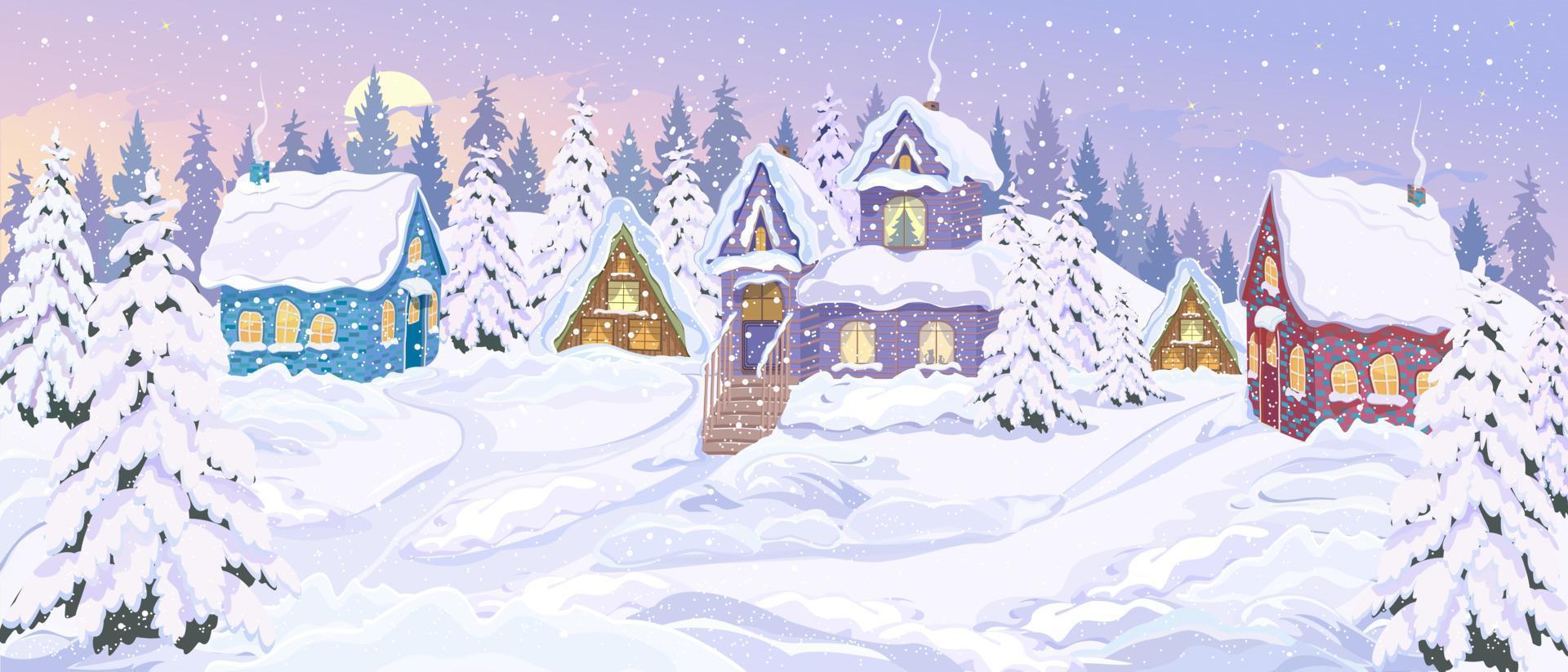 Winter landscape. Cute village houses on snow-covered hills. Fir trees covered with snow, snow paths. Panorama of the winter village landscape. Winter vacation day. The concept of Christmas vector