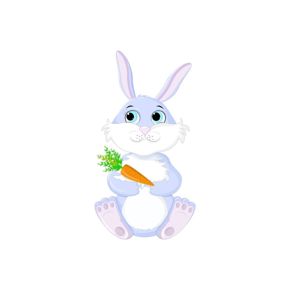 Rabbit character design. Cute blue rabbit with a carrot.  Image isolated on a white background vector