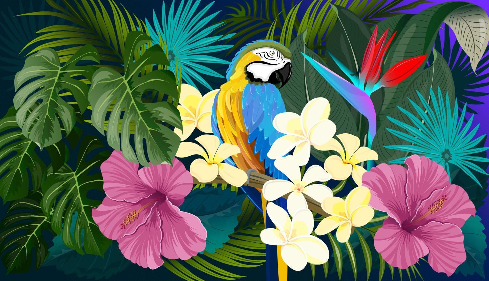 A bright tropical background with a wide variety of jungle plants and a Macaw parrot. Vector exotic pattern with palm leaves and tropical flowers