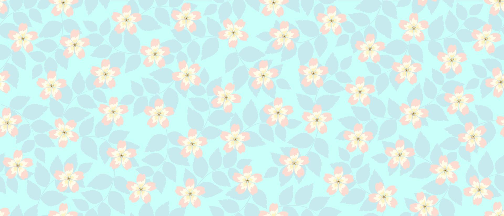 Horizontal seamless pattern in delicate pastel colors with the image of wildflowers on a background of leaf shadows on a pale blue background. It is well suited for wallpaper, textiles, paper vector