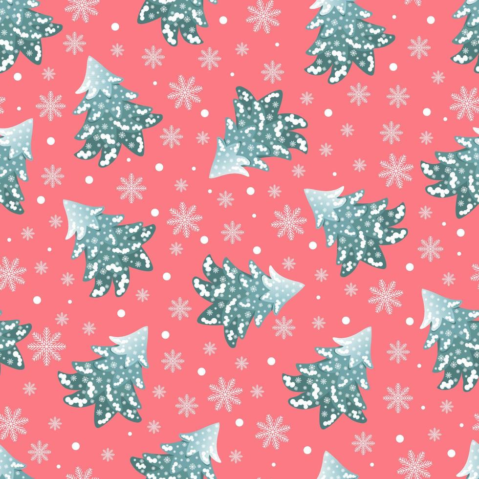 Christmas seamless pattern of Christmas trees on a red background with snowflakes vector