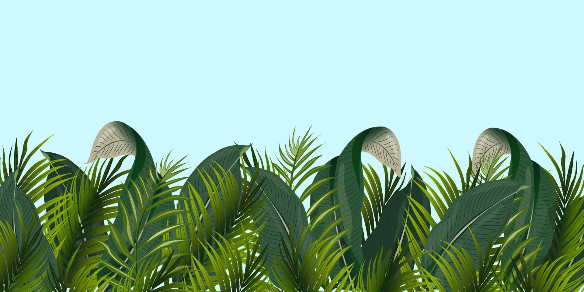 Botanical border made of tropical leaves. Vector illustration. Fashionable compositions with tropical leaves. Suitable for brochures, wallpapers, prints, postcards, decor, design and more