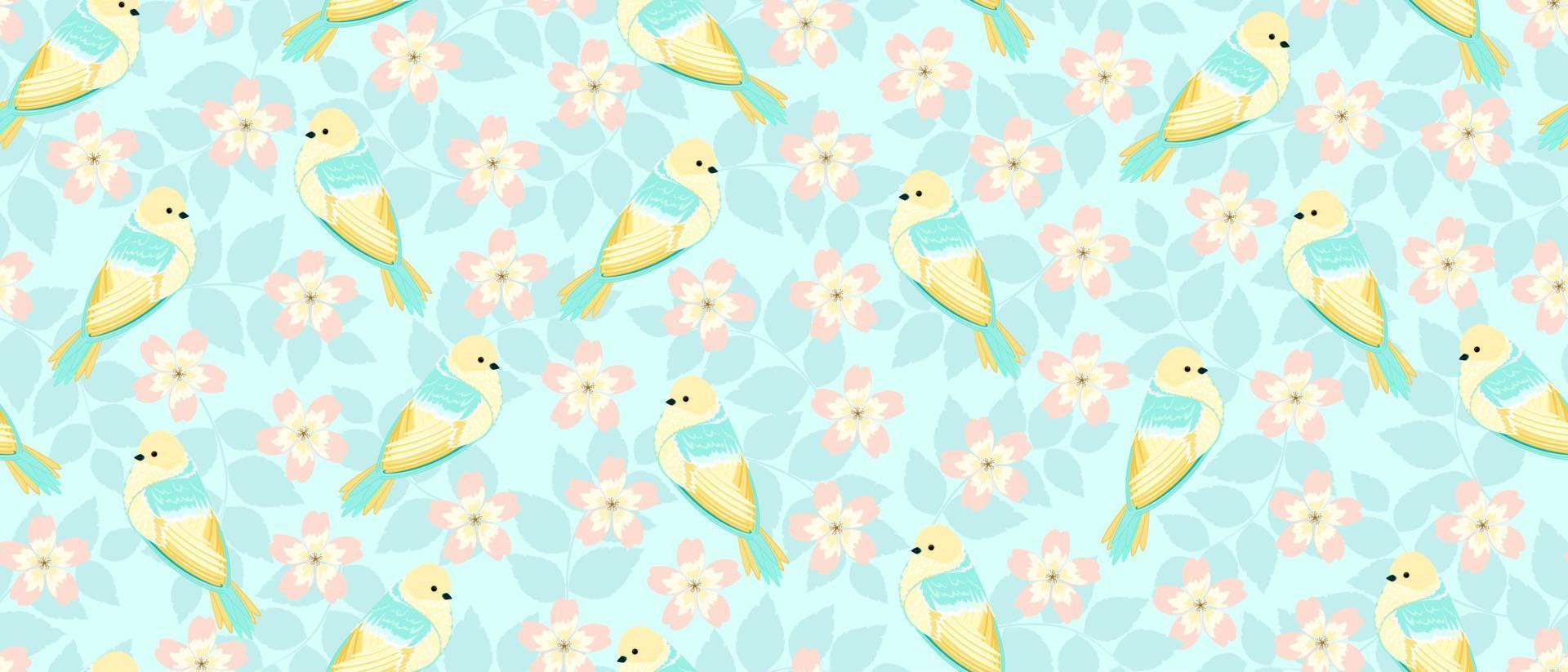 Horizontal, seamless pattern in delicate pastel colors with the image of wildflowers and birds on a background of leaf shadows. It is well suited for wallpaper, textiles, paper vector