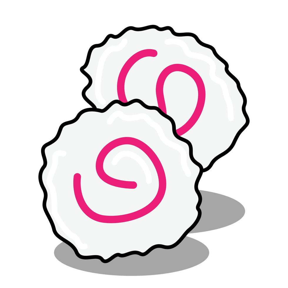 Narutomaki or kamaboko surimi vector icon. Traditional Japanese naruto steamed fish cake with a pink swirl in the middle. Topping for ramen noodle soup