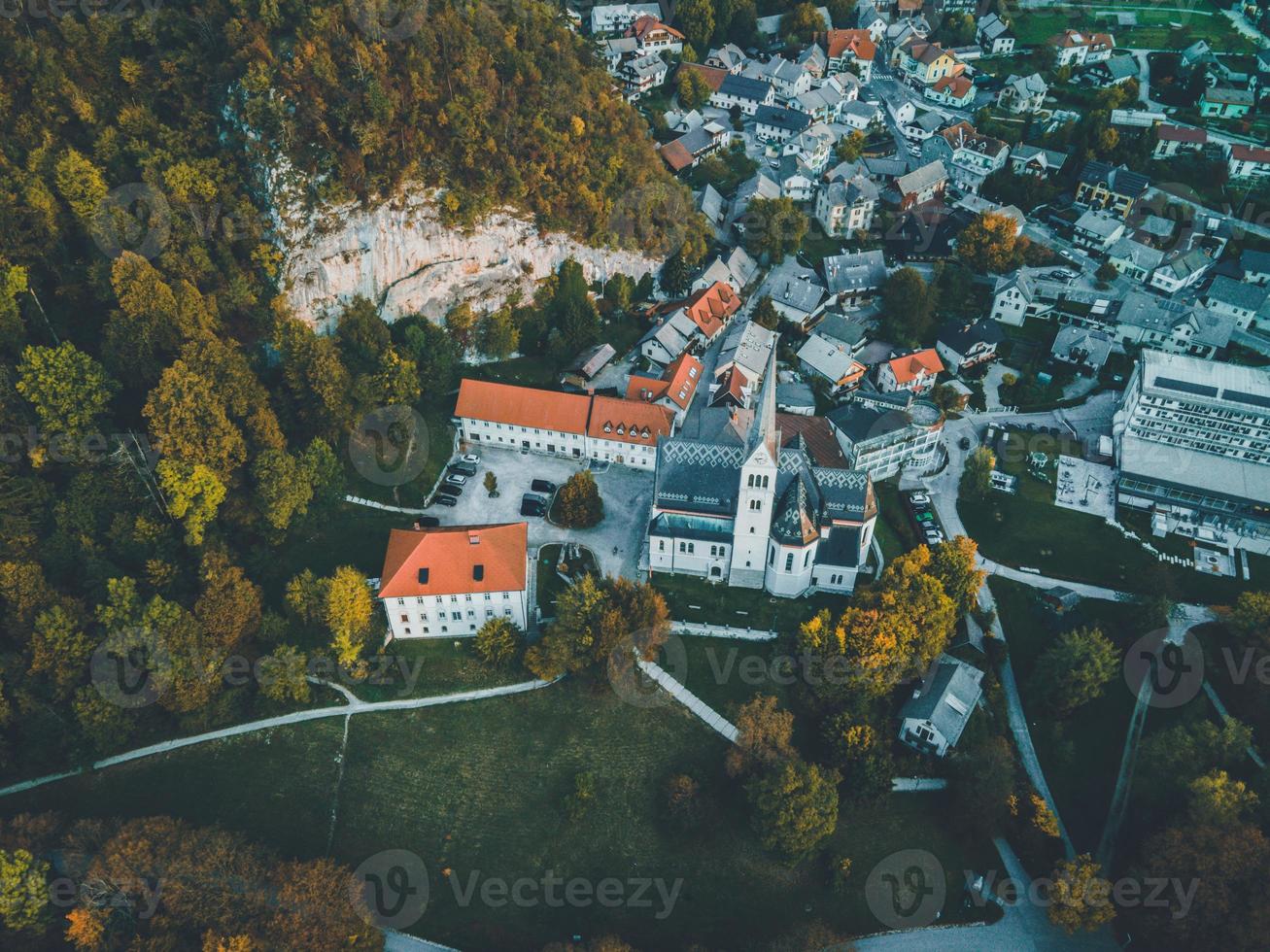 Drone views of the Church of St. Martin in Bled, Slovenia photo