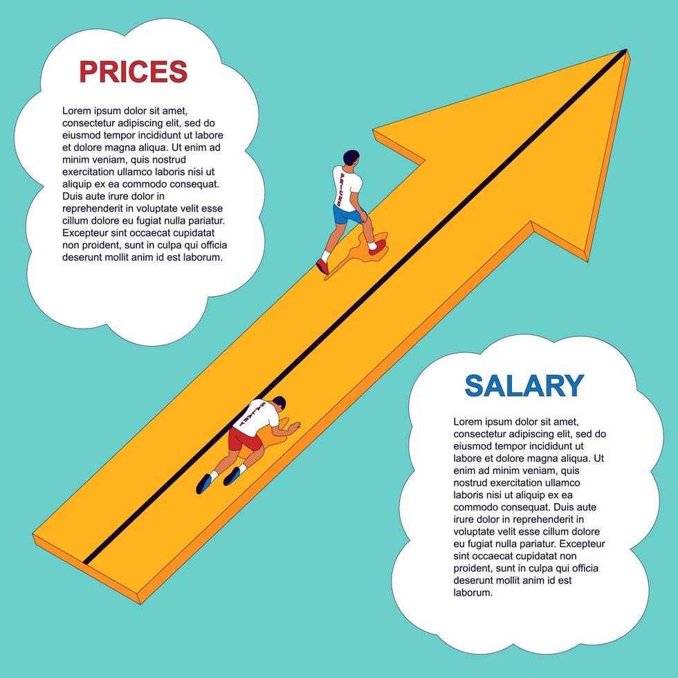 A runner in a T-shirt with a prices inscription is overtaking a man in a T-shirt with a salary inscription. vector