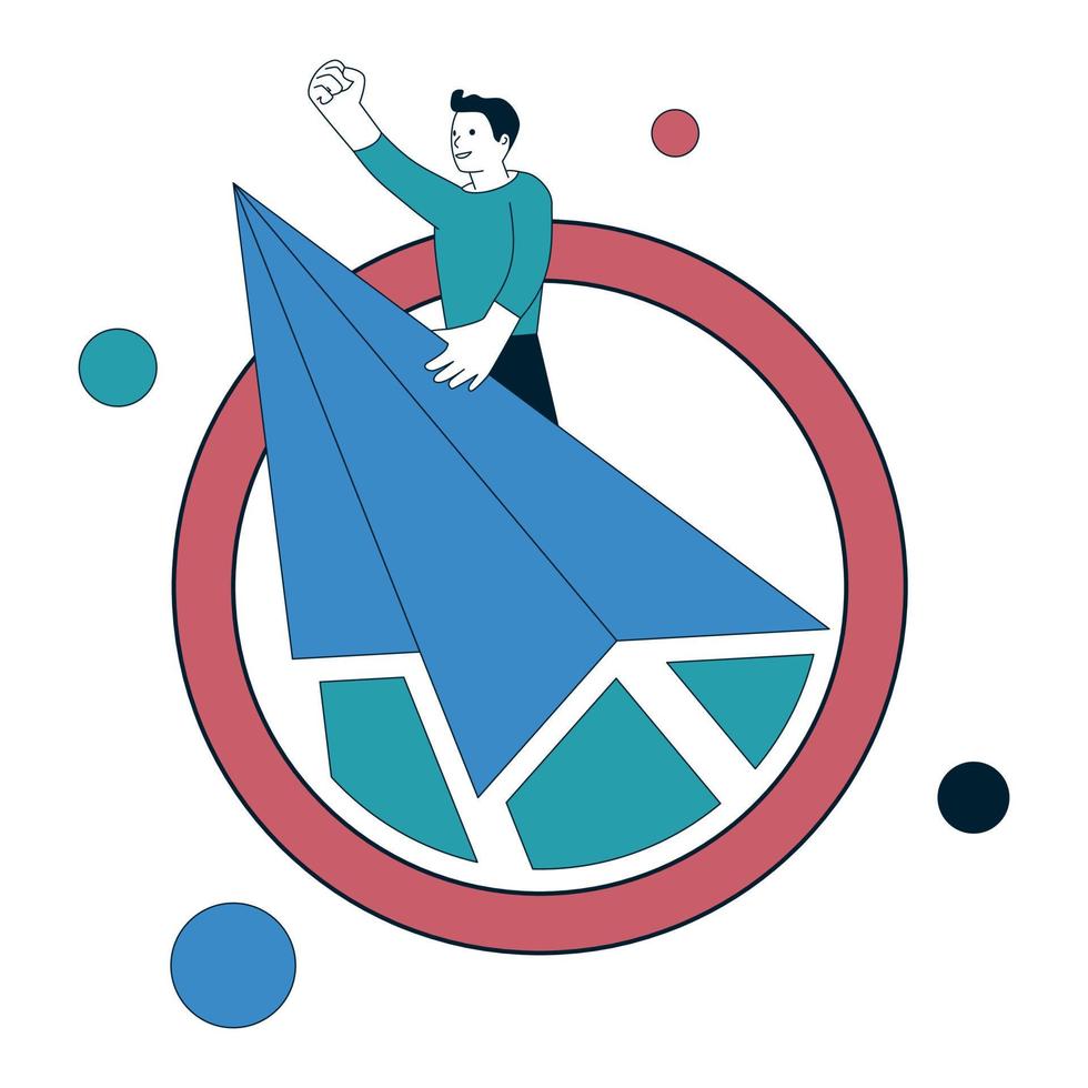 A man is flying up on a paper plane. vector