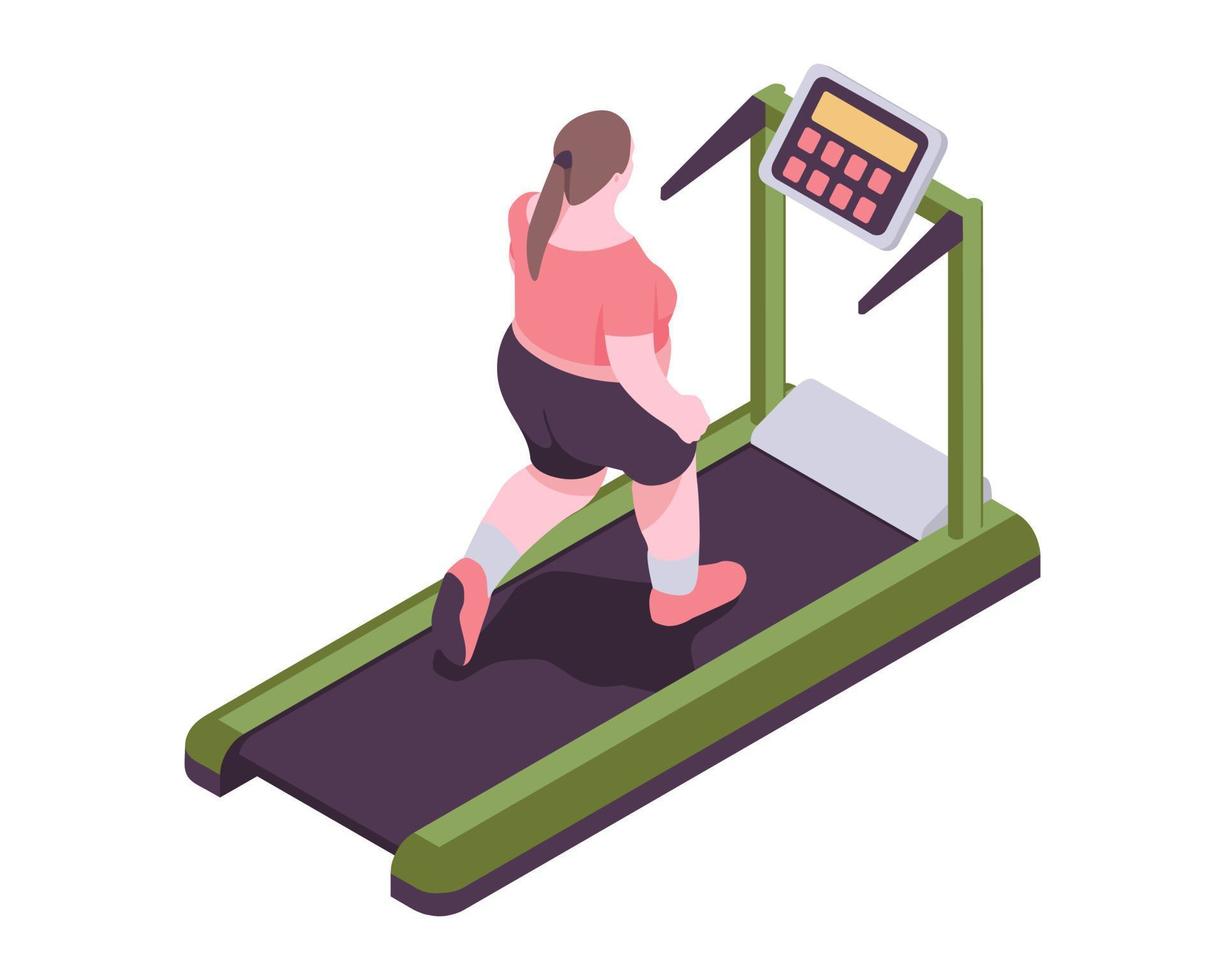 A fat woman is running on a treadmill to lose weight. vector