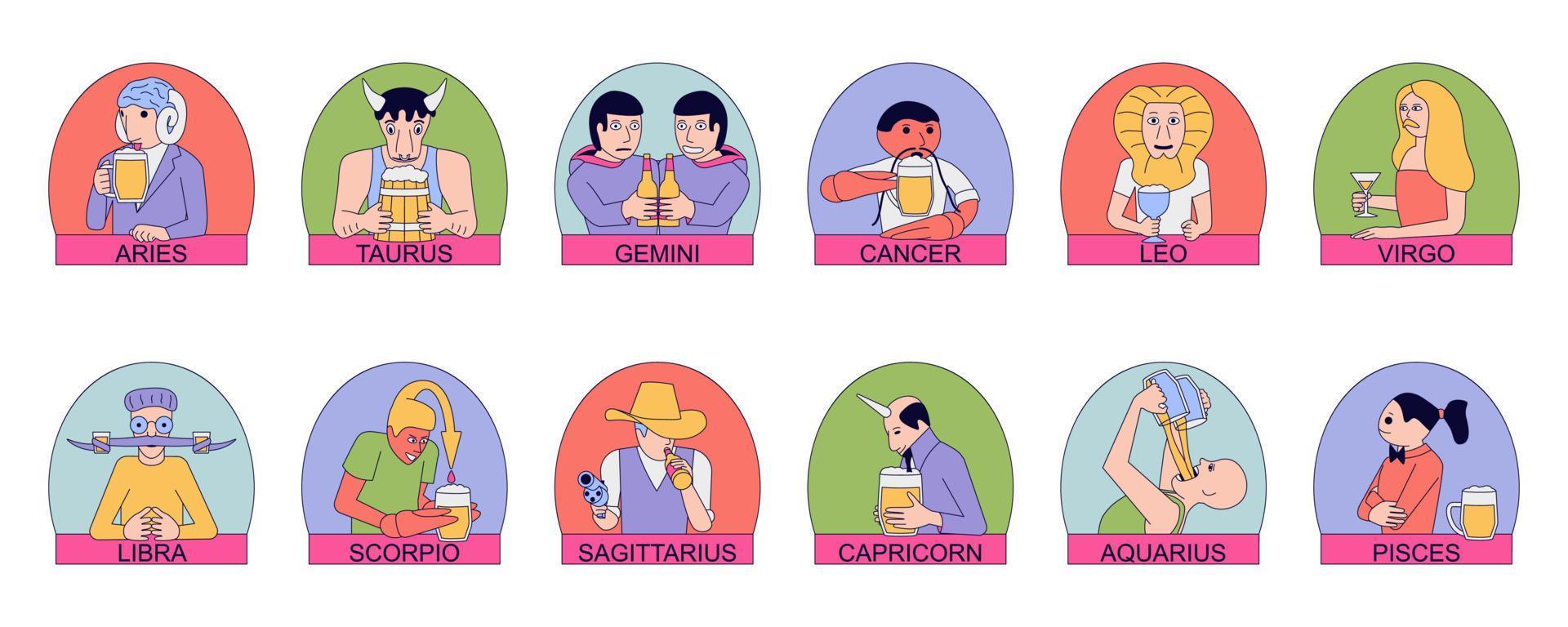 signos zodiacales de hombres con cerveza. vector