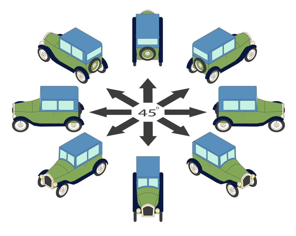 The vintage cars in different angles in isometric view. vector