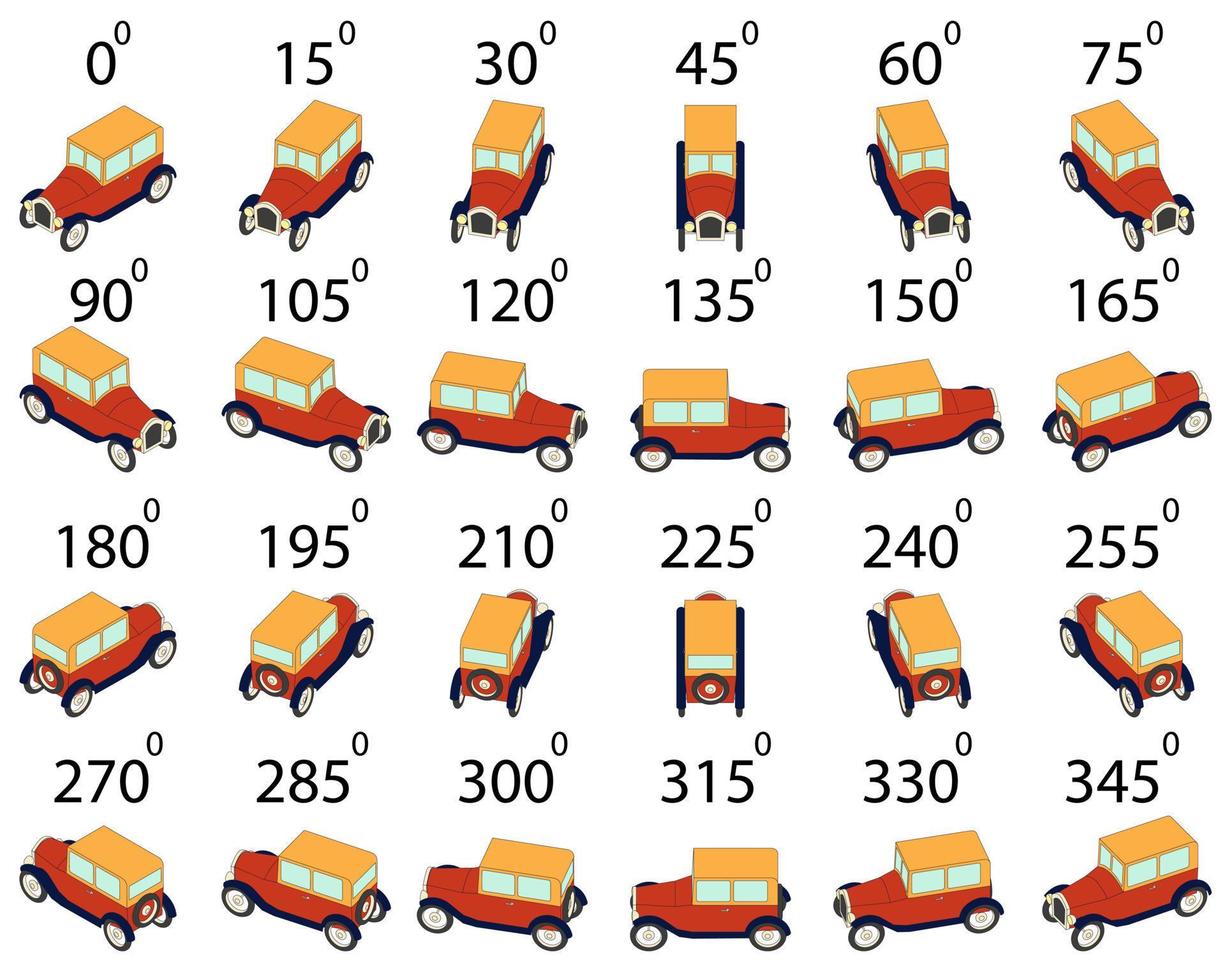 A set of 24 retro cars from different angles. vector