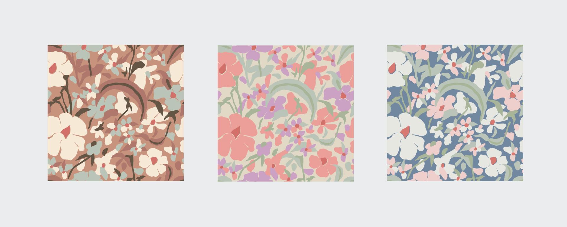 Vector Scandinavian flower illustration seamless repeat pattern 3 color ways set