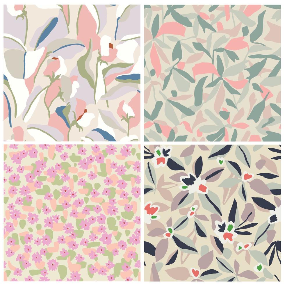 Vector leaf and flower illustration seamless repeat pattern with pastel colors 4 designs set