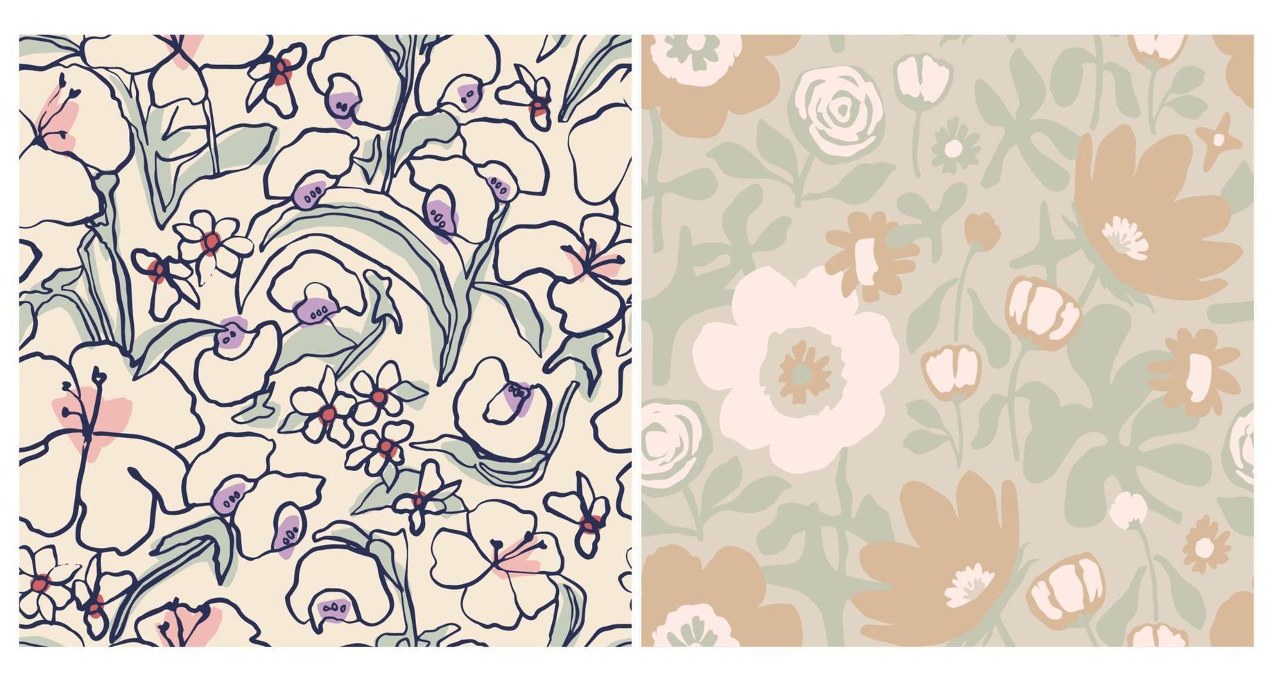 Vector hand drawing flower illustration seamless repeat pattern 2 designs set