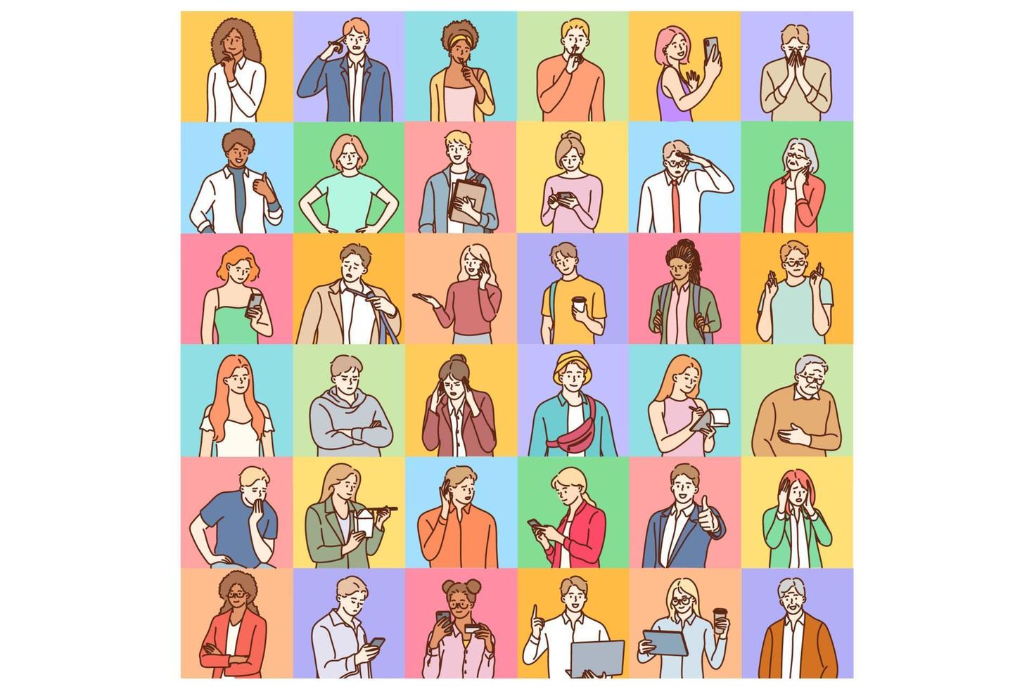 Avatars, people diversity worldwide concept. Portraits of different people of various age and race doing everyday things and having various facial expressions isolated on colourful backgrounds vector